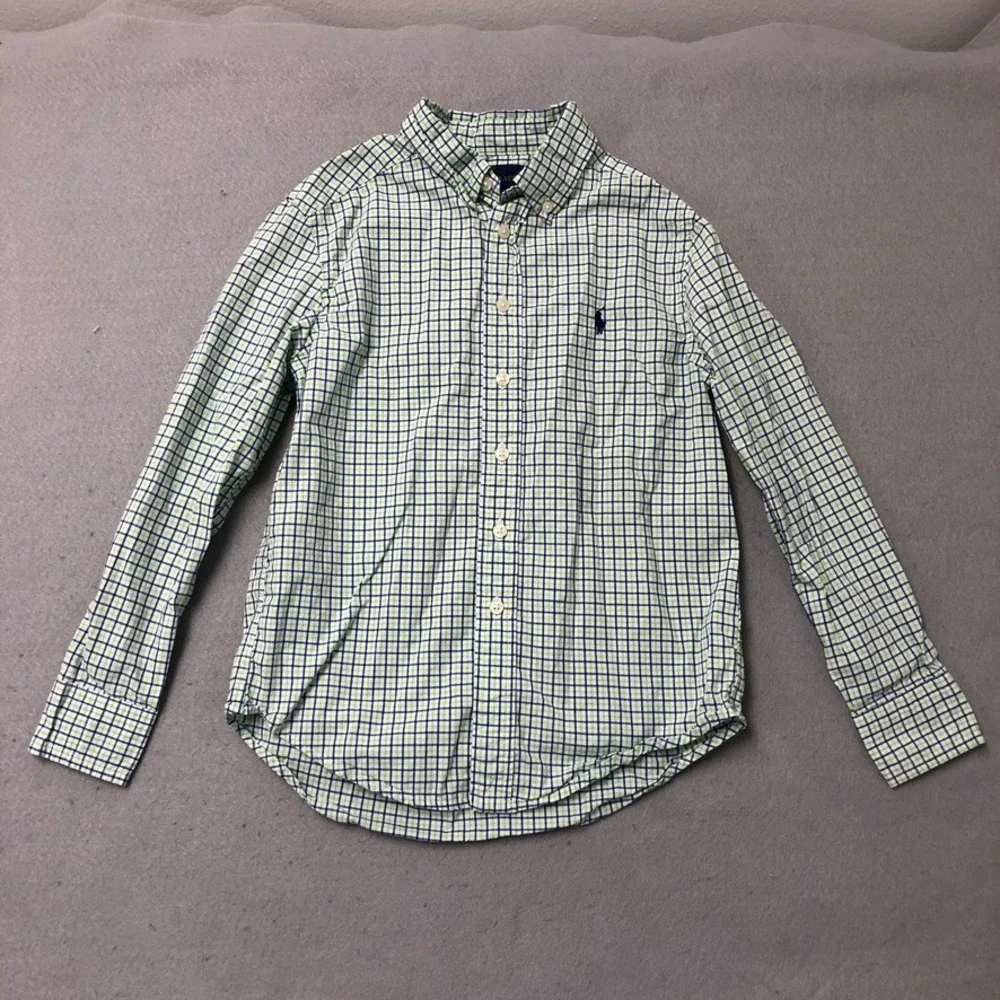 Ralph Lauren Button Down Shirt Boys S 8 Kids Green Black Check Gingham Lot 3pc